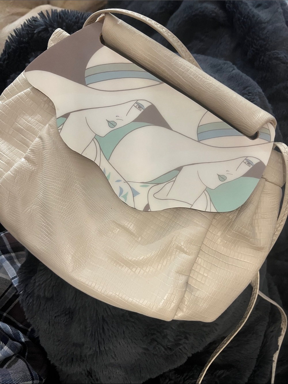 Cream Textured Vintage Moon Shoulder Bag - with interchangeable plate